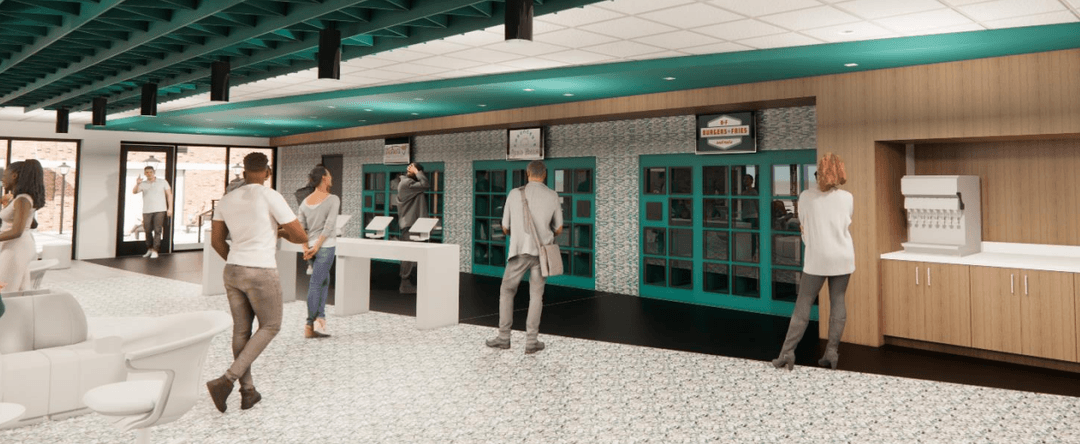 Design rendering of the renovated CINO Grille dining hall, showing teal pickup bays with illuminated station signs, a wood fascia band, ordering kiosks, and lounge seating