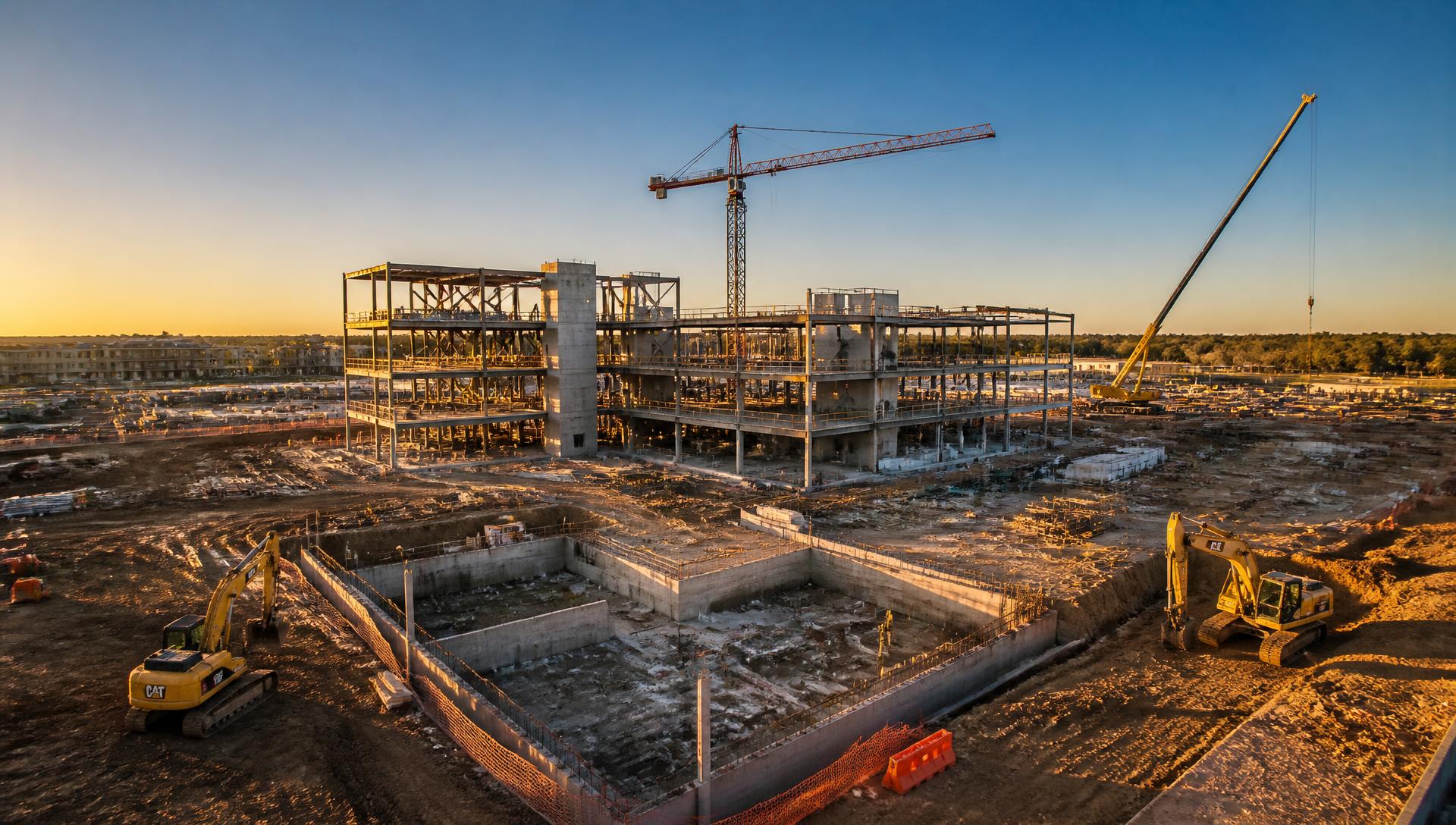 Large commercial construction site with cranes and steel framing at golden hour