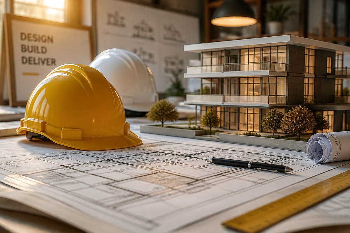 Architectural blueprints, hard hats, and building model representing design-build services
